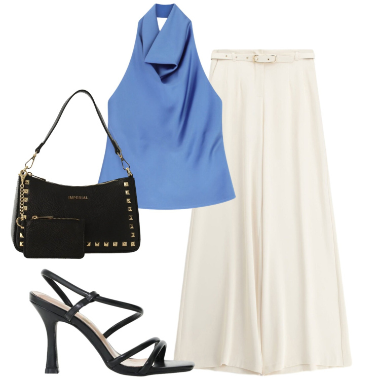 Outfit donna - Chic vibes. Stile Chic per Tutti i giorni. Abbinamento con top, pantaloni a palazzo, borse a spalla, sandali col tacco.