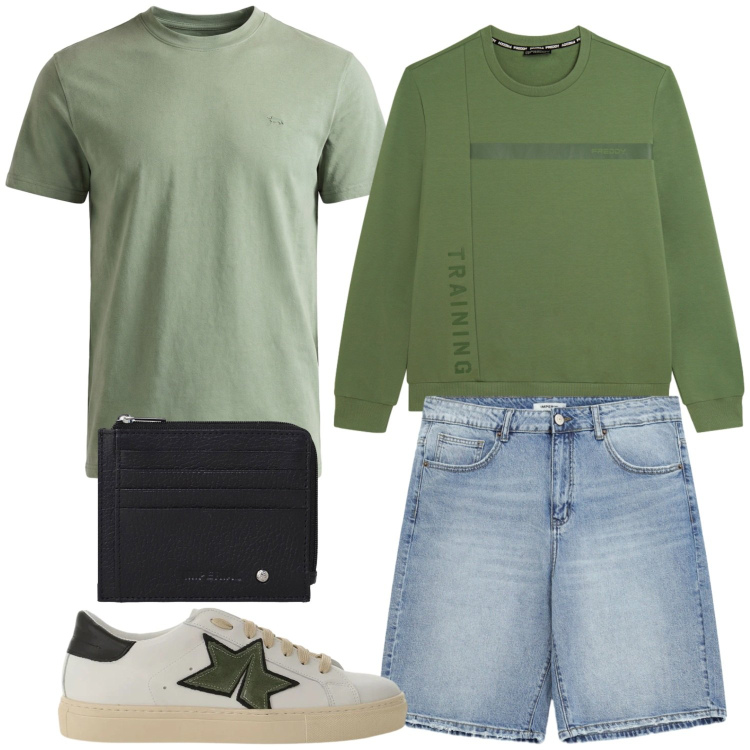 Outfit uomo - Estate green. Stile Casual per Tutti i giorni. Abbinamento con t-shirt, felpe, sneakers, portafogli, bermuda.