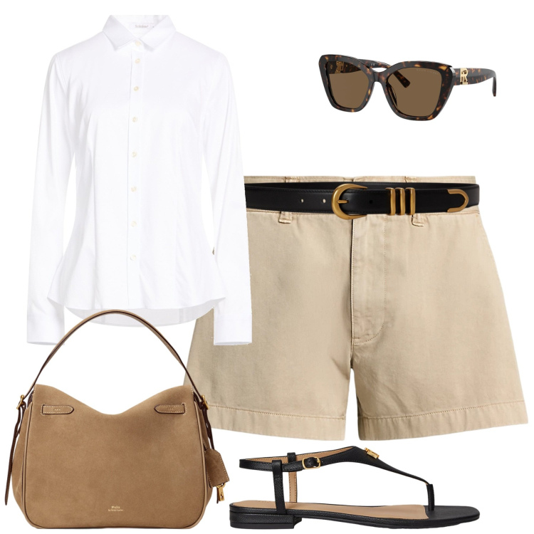 Outfit donna - Tailored shorts. Stile Casual chic per Tutti i giorni. Abbinamento con camicie, occhiali da sole, shorts, borse a mano, sandali in pelle, cinture.