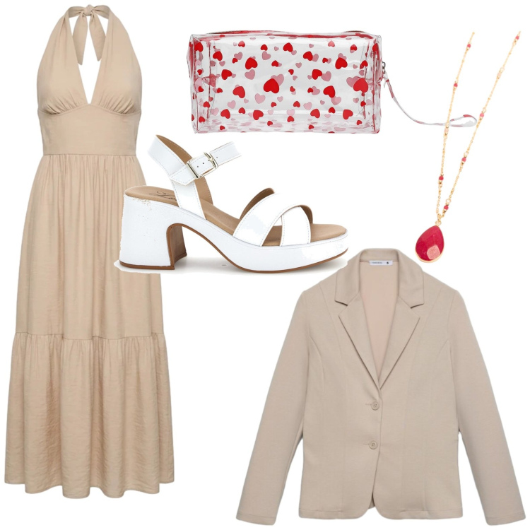 Outfit donna - Summer Sale Style. Stile Casual per Serata fuori. Abbinamento con blazer, valigie, vestiti lunghi, collane, sandali col tacco.