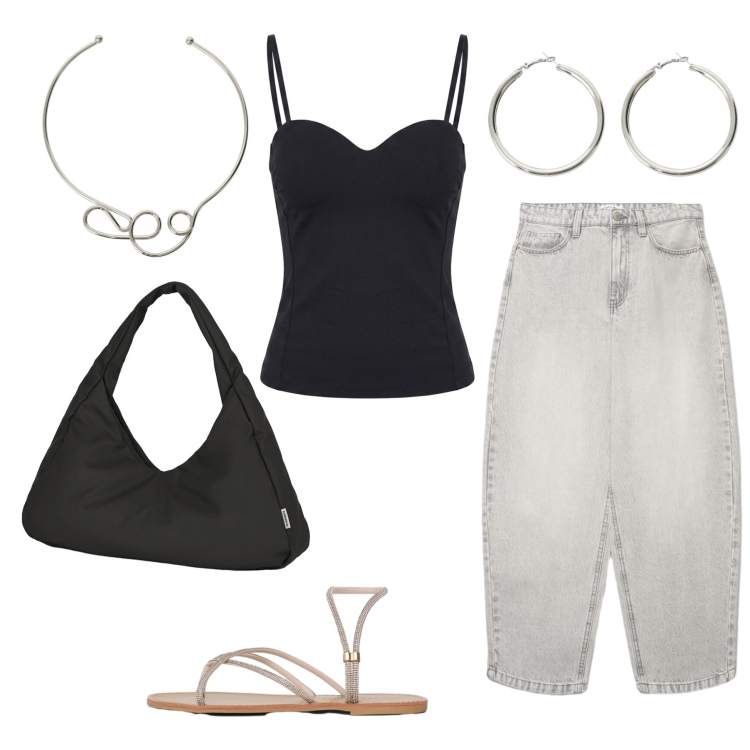 Outfit donna - Summer style. Abbinamento con sandali, jeans, collane, orecchini, top, borse a spalla.