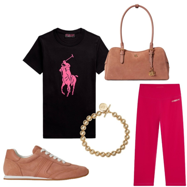Outfit donna - Total look #2428810. Stile Casual chic per Tutti i giorni. Abbinamento con leggings, braccialetti, t-shirt, sneakers, borse a mano.