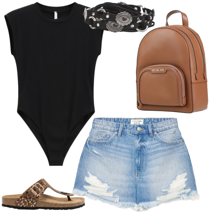 Outfit donna - Di giorno. Abbinamento con zaini, infradito, cinture, shorts, t-shirt.