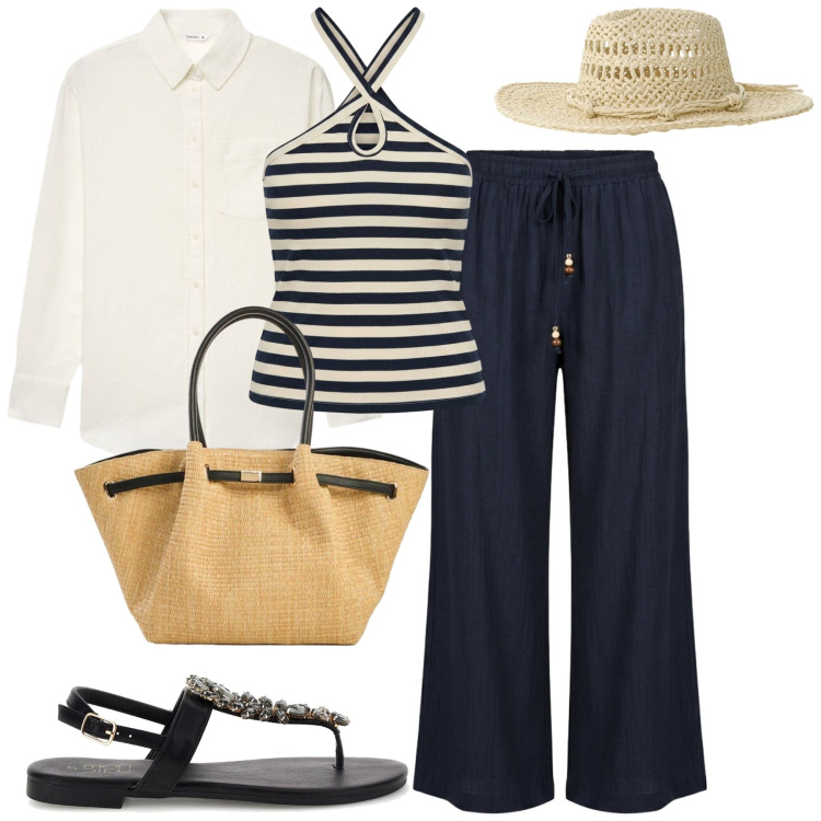 Outfit donna - Sea escape. Stile Casual chic per Tutti i giorni. Abbinamento con shopping bag, camicie, cappelli, top, pantaloni a palazzo, sandali gioiello.