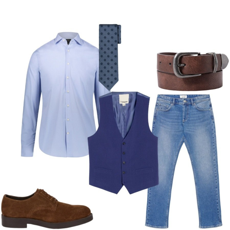 Outfit uomo - Total look #2428814. Stile Casual per Ufficio. Abbinamento con gilet, jeans, camicie, scarpe stringate, cravatte, cinture.
