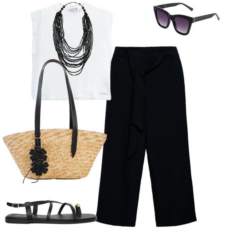 Outfit donna - Coastal breakfast. Stile Casual chic per Tutti i giorni. Abbinamento con shopping bag, occhiali da sole, pantaloni a palazzo, sandali, top, collane.