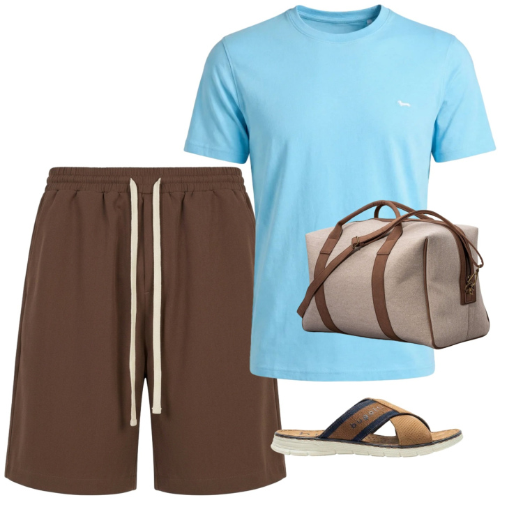 Outfit uomo - To the beach. Stile Casual per Mare. Abbinamento con sandali, t-shirt, pantaloni corti, borse sportive.