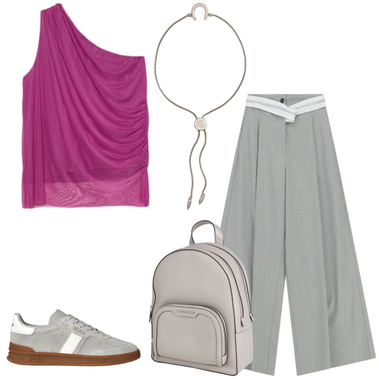 Outfit donna - Total look #2428820. Stile Casual chic per Tutti i giorni. Abbinamento con zaini, pantaloni a palazzo, top, sneakers, braccialetti con ciondoli.