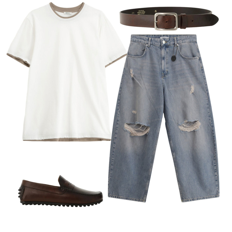 Outfit uomo - Minimal Denim. Stile Urban per Tutti i giorni. Abbinamento con jeans strappati, t-shirt, scarpe stringate, cinture.