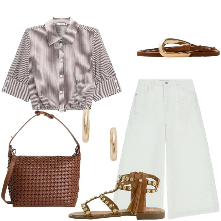 Outfit donna - Total look #2428823. Stile Casual chic per Tutti i giorni. Abbinamento con cinture, borse a spalla, orecchini, camicie, pantaloni a palazzo, sandali.