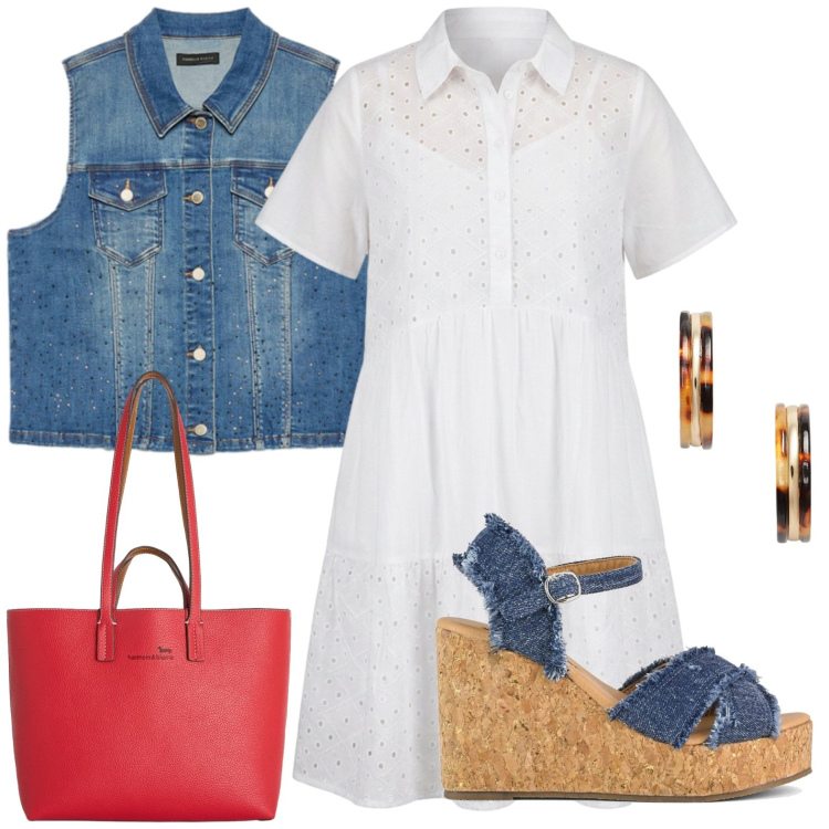 Outfit donna - Gilet denim lovers. Stile Glamour per Tutti i giorni. Abbinamento con shopping bag, vestiti corti, gilet, orecchini, zeppe.