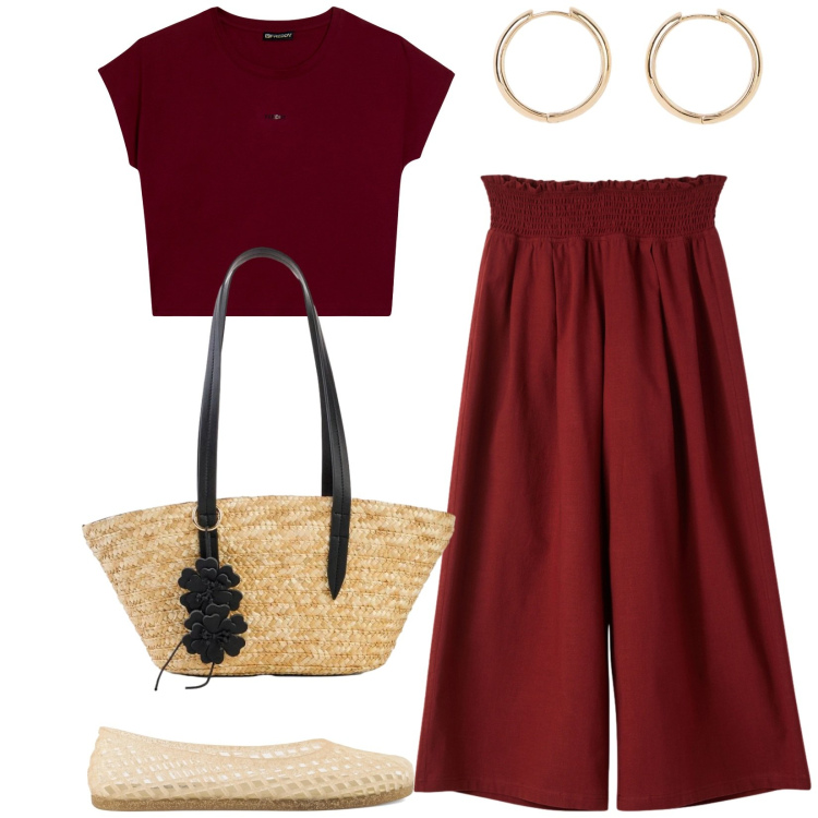 Outfit donna - Total look #2428826. Stile Casual per Tutti i giorni. Abbinamento con shopping bag, orecchini, pantaloni culotte, t-shirt, ballerine.