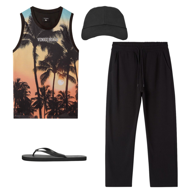 Outfit uomo - Sunset Vibes. Stile Trendy per Mare. Abbinamento con canottiere, cappelli con visiera, sandali, pantaloni.