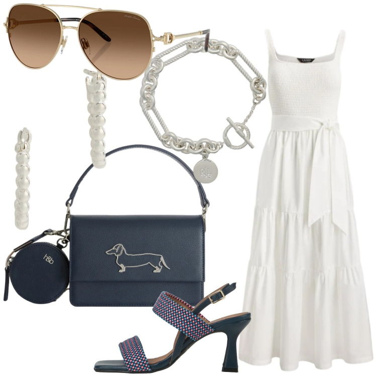 Outfit donna - Glamour al mare. Stile Glamour per Mare. Abbinamento con sandali in pelle, borse a tracolla, braccialetti, orecchini, occhiali da sole, vestiti.