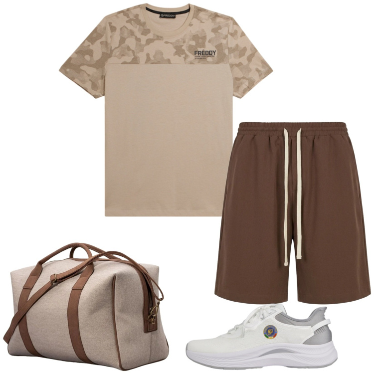 Outfit uomo - Cacao e nocciola. Stile Casual per Sport. Abbinamento con pantaloni corti, t-shirt, scarpe sportive, borse sportive.
