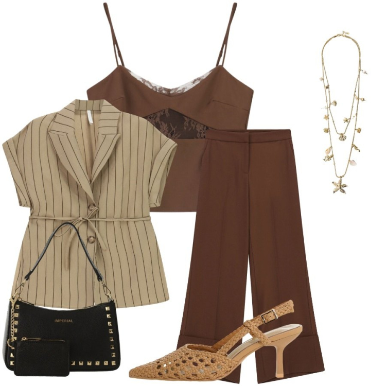 Outfit donna - Total look #2428831. Stile Casual chic per Tutti i giorni. Abbinamento con canottiere, pantaloni a palazzo, décolleté, blazer, collane, borse a spalla.