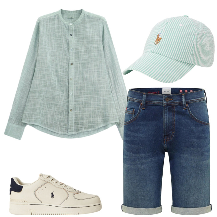 Outfit uomo - Acquamarina. Stile Trendy per Serata speciale. Abbinamento con bermuda, cappelli con visiera, sneakers, camicie.