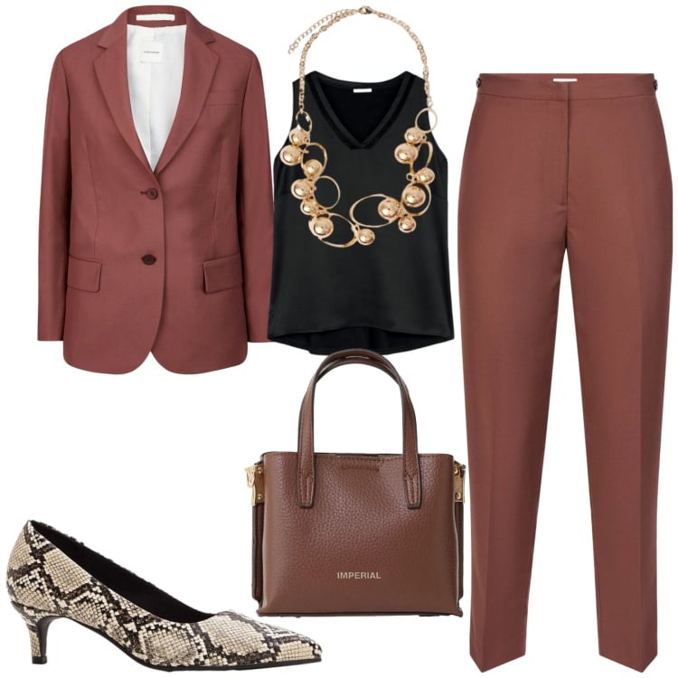 Outfit donna - Total look #2428843. Stile Chic per Ufficio. Abbinamento con décolleté, borse a tracolla, top, collane, pantaloni, blazer.