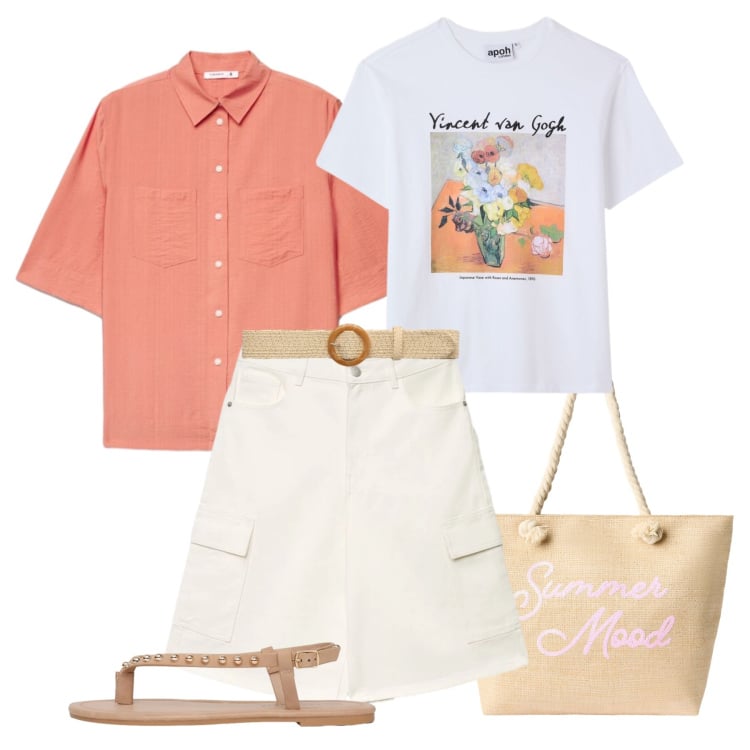 Outfit donna - Summer Essentials. Stile Casual per Tutti i giorni. Abbinamento con pantaloni corti, borse tote, t-shirt, cinture, ciabatte, camicie a manica corta.