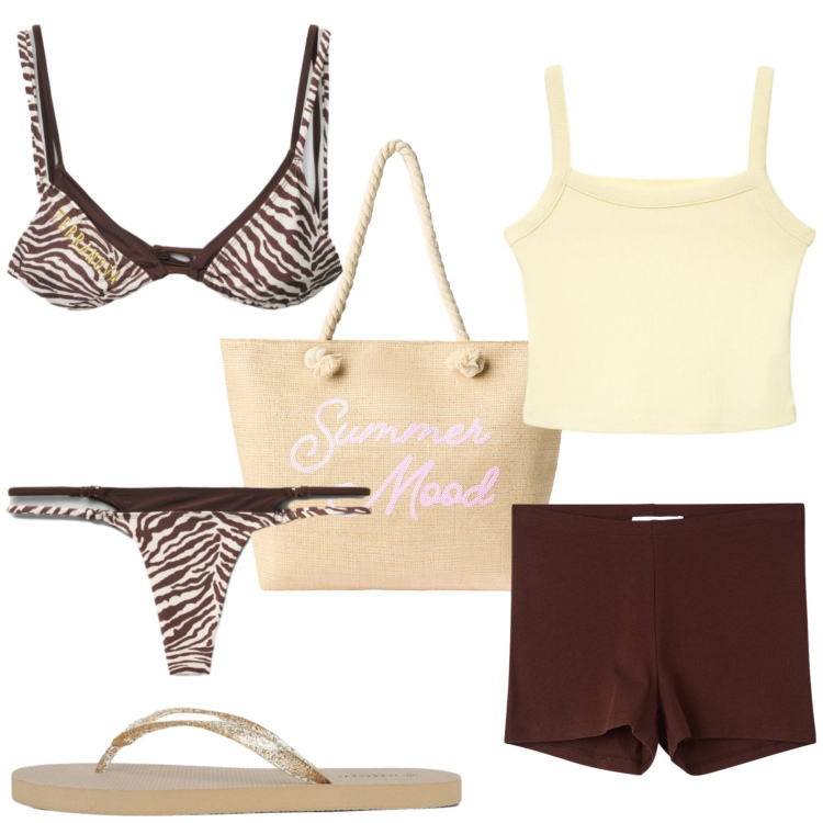 Outfit donna - Terranova - Summer Essentials. Stile Trendy per Mare. Abbinamento con bikini, infradito, canottiere, bikini, shorts, borse tote.
