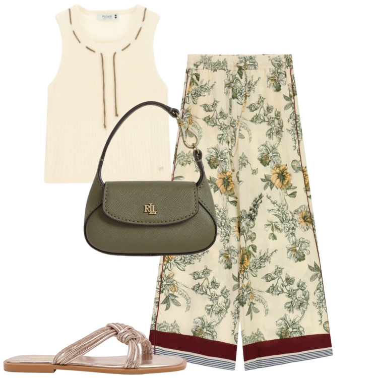 Outfit donna - Summer. Stile Casual chic per Tutti i giorni. Abbinamento con sandali, top, pantaloni a palazzo, borse a mano.