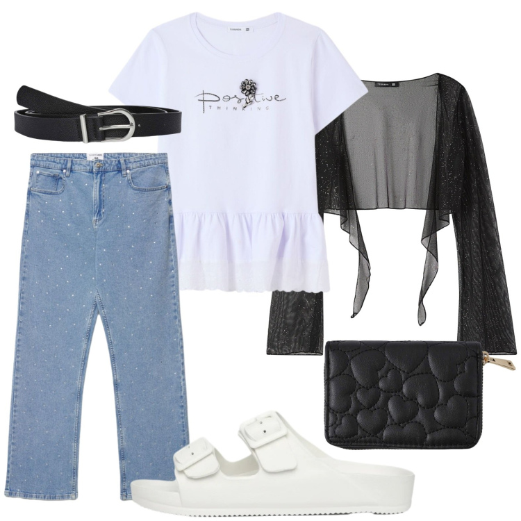 Outfit donna - Terranova - Summer Essentials. Stile Trendy per Tutti i giorni. Abbinamento con cinture, portafogli, blazer, jeans dritti, ciabatte, t-shirt.