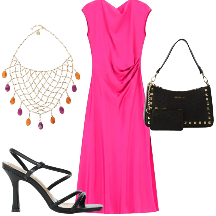 Outfit donna - Watermelon Pink. Stile Casual chic per Serata fuori. Abbinamento con vestiti midi/longuette, borse a spalla, sandali col tacco, collane.