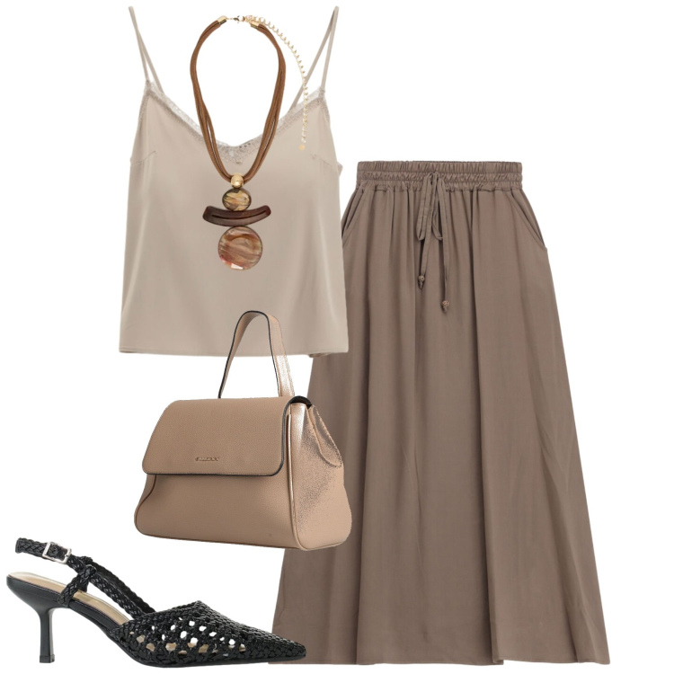 Outfit donna - Summer neutral. Stile Casual chic per Tutti i giorni. Abbinamento con zaini, ciondoli, gonne lunghe, décolleté, canottiere.