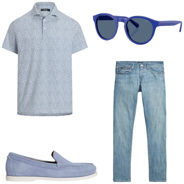 Outfit uomo - Casual style. Stile Casual per Tutti i giorni. Abbinamento con scarpe stringate, jeans, polo, occhiali da sole.