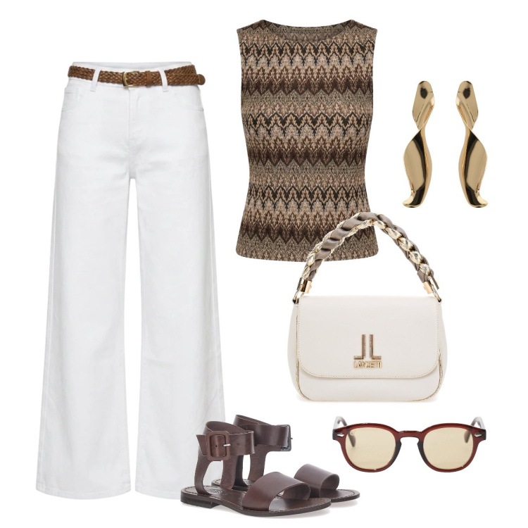Outfit donna - Bianco e marrone in trend. Stile Trendy per Tutti i giorni. Abbinamento con occhiali da sole, orecchini, top, pantaloni, borse a tracolla, sandali.
