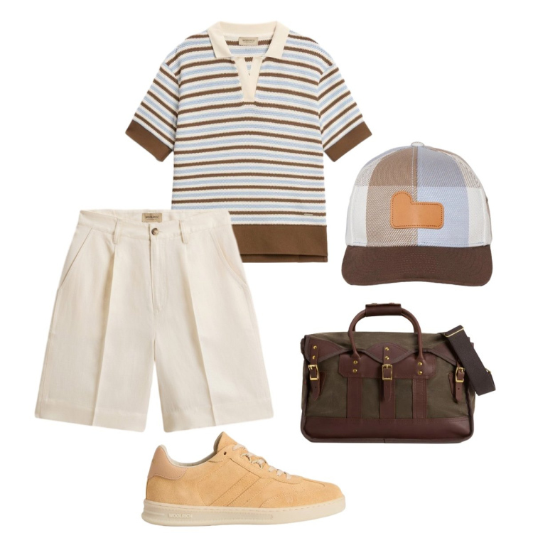 Outfit donna - Estate urbana con Woolrich. Stile Sporty chic per Tutti i giorni. Abbinamento con polo, pantaloni corti, borse a tracolla, cappelli con visiera, sneakers.