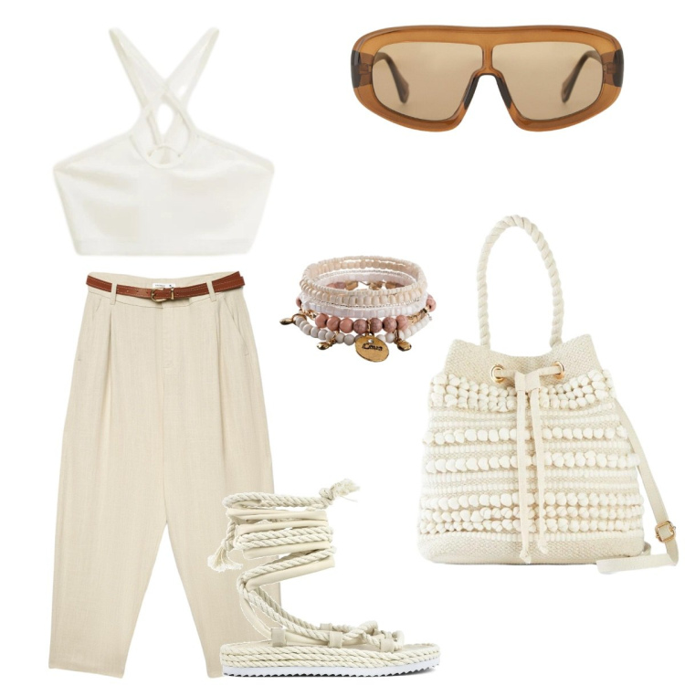 Outfit donna - Tempo libero. Stile Trendy per Tutti i giorni. Abbinamento con borse a secchiello, braccialetti con ciondoli, pantaloni chino, occhiali da sole, top, sandali.