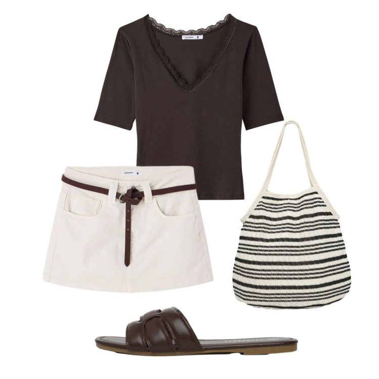 Outfit donna - Estate Terranova in città. Stile Basic per Tutti i giorni. Abbinamento con t-shirt, shopping bag, minigonne, ciabatte.