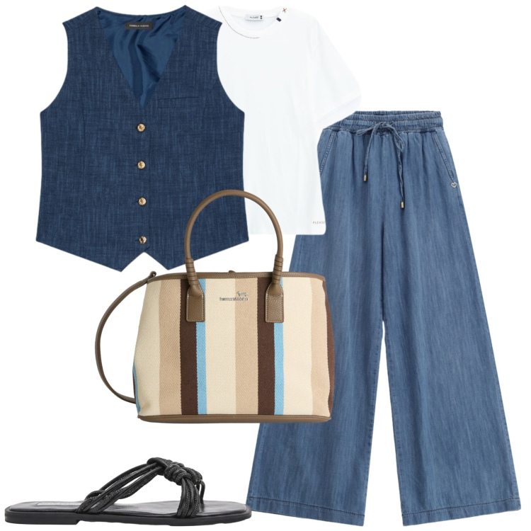 Outfit donna - Denim. Stile Casual chic per Tutti i giorni. Abbinamento con sandali, jeans, t-shirt, shopping bag, gilet.