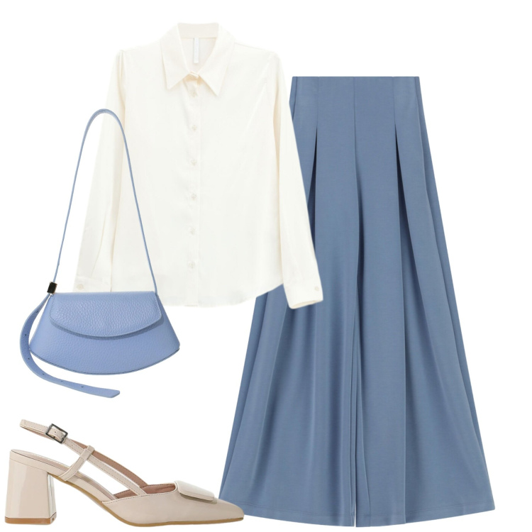 Outfit donna - Chic in town. Stile Chic per Tutti i giorni. Abbinamento con décolleté, camicie, borse a spalla, pantaloni a palazzo.