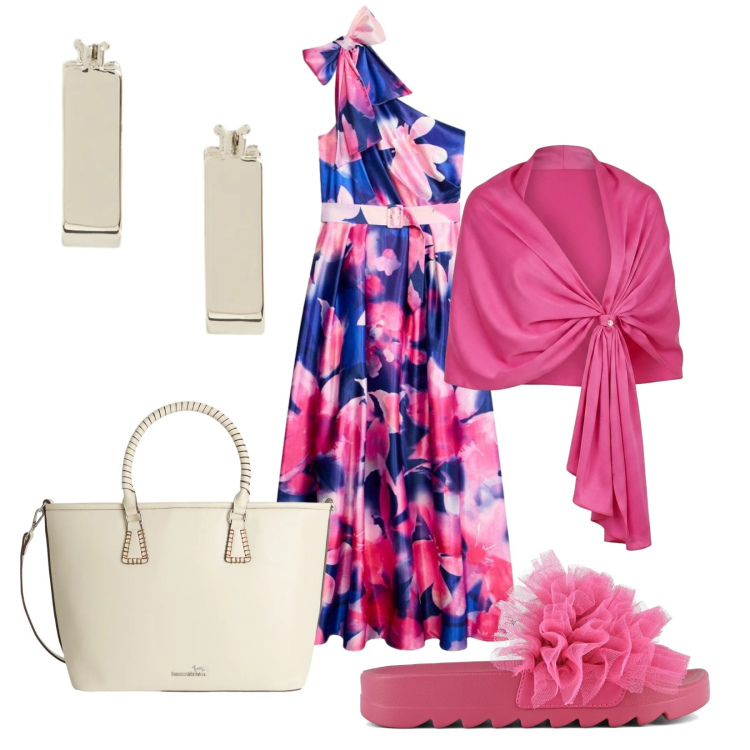 Outfit donna - Desiderata. Stile Romantica per Serata fuori. Abbinamento con vestiti asimmetrici, shopping bag, stole, orecchini, ciabatte.
