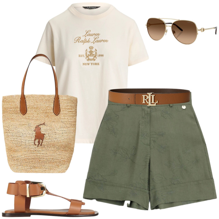 Outfit donna - Shorts& t-shirt. Stile Casual chic per Tutti i giorni. Abbinamento con sandali alla schiava, shorts, borse tote, cinture, occhiali da sole, t-shirt.