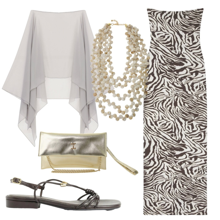 Outfit donna - Total look #2428896. Stile Chic per Serata fuori. Abbinamento con sandali, vestiti lunghi, borse a tracolla, cappe, collane.