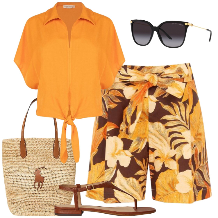 Outfit donna - Weekend. Stile Casual chic per Mare. Abbinamento con pantaloni corti, camicie a manica corta, occhiali da sole, borse tote, sandali in pelle.