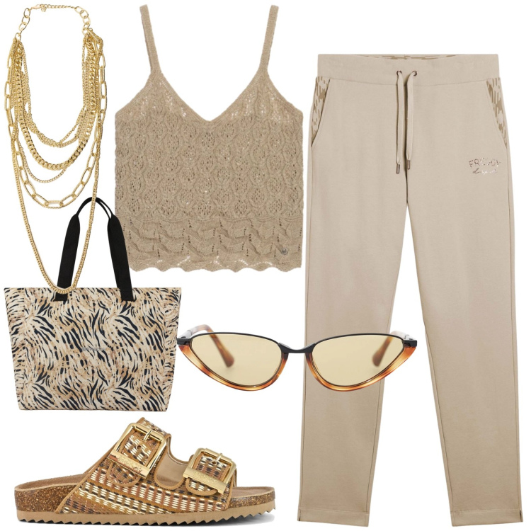 Outfit donna - Total look #2428901. Stile Casual per Tutti i giorni. Abbinamento con occhiali da sole, collane, maglieria, pantaloni, shopping bag, sandali.