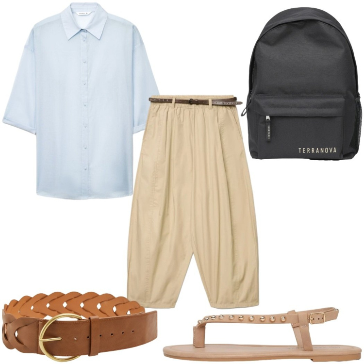 Outfit donna - Terranova - Summer Essentials in città. Stile Trendy per Tutti i giorni. Abbinamento con cinture, zaini, ciabatte, camicie a manica corta, pantaloni.