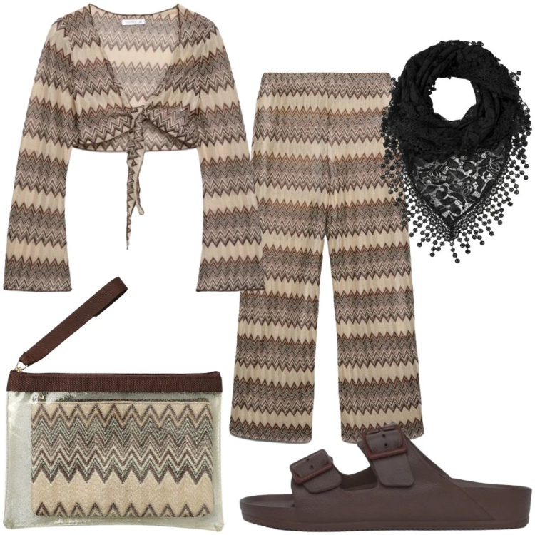 Outfit donna - Terranova - Summer Essentials etnico. Stile Etnico per Tutti i giorni. Abbinamento con canottiere, pochette, blazer, ciabatte, pantaloni.