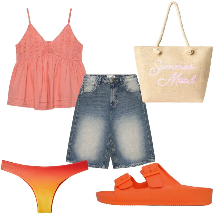 Outfit donna - Terranova - Summer Essentials a colori. Stile Trendy per Mare. Abbinamento con pantaloni corti, ciabatte, canottiere, bikini, borse tote.