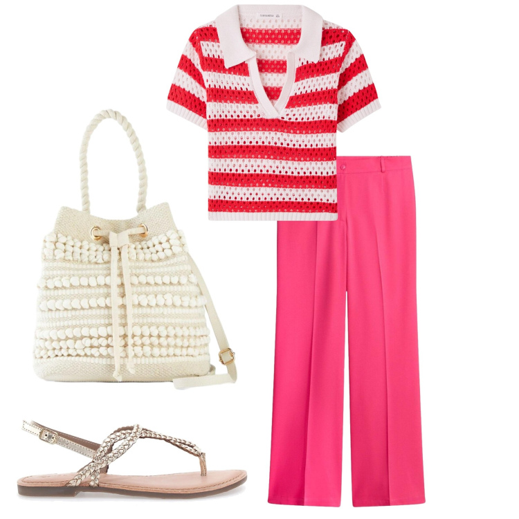 Outfit donna - Watermelon Pink. Stile Casual per Ufficio. Abbinamento con borse a secchiello, pantaloni, t-shirt, sandali.
