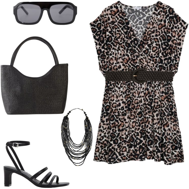 Outfit donna - Abiti fluidi d\'estate. Stile Casual chic per Serata fuori. Abbinamento con sandali col tacco, shopping bag, cinture, vestiti corti, occhiali da sole, collane.