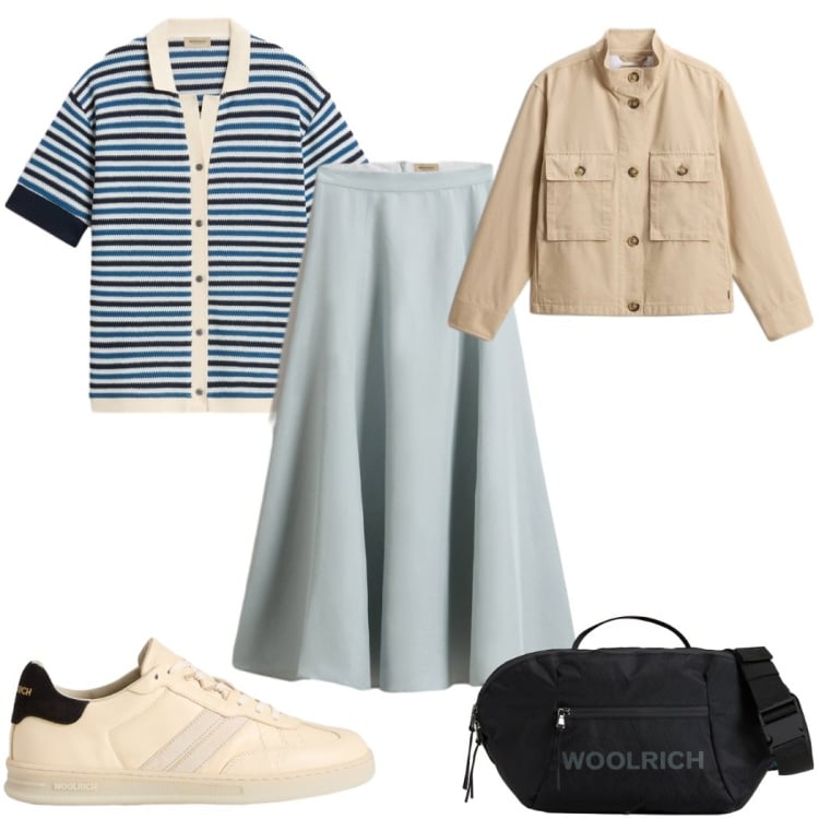 Outfit donna - Woolrich - Summer Layers in città. Stile Casual per Tutti i giorni. Abbinamento con gonne lunghe, blazer, borse a tracolla, camicie a manica corta, sneakers.