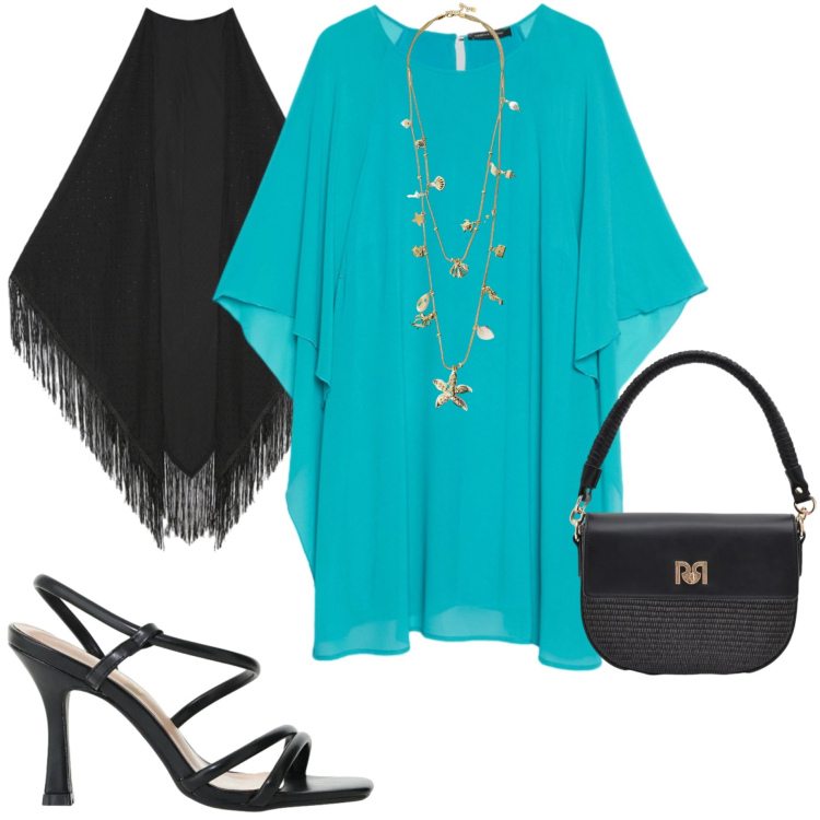 Outfit donna - Abiti fluidi d\'estate. Stile Chic per Serata fuori. Abbinamento con borse a spalla, collane, sandali col tacco, vestiti corti, foulard.