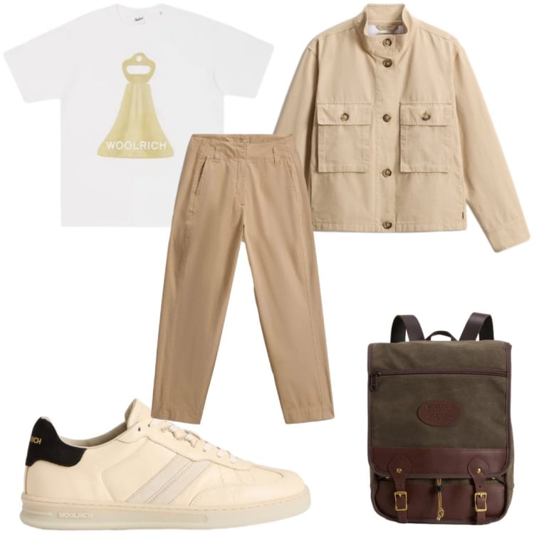 Outfit donna - Woolrich - Summer Layers di sera. Stile Casual per Tutti i giorni. Abbinamento con sneakers, zaini, blazer, t-shirt, pantaloni.
