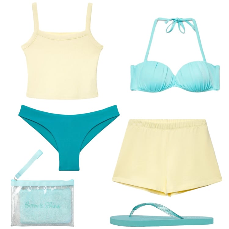 Outfit donna - Terranova estate. Stile Glamour per Mare. Abbinamento con pochette, infradito, canottiere, shorts, bikini, bikini.