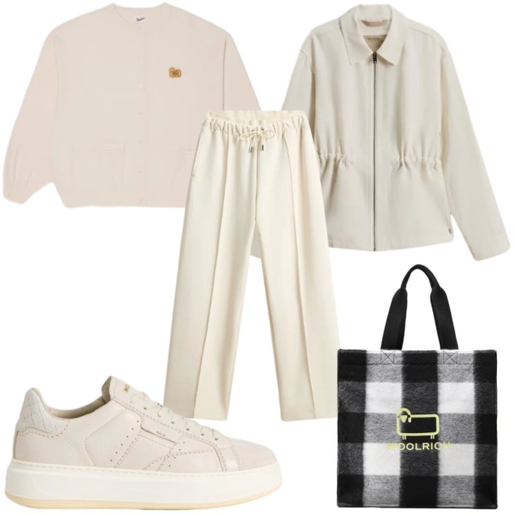 Outfit donna - Woolrich: total white. Stile Trendy per Tutti i giorni. Abbinamento con parka, borse tote, pantaloni, sneakers, cardigans.